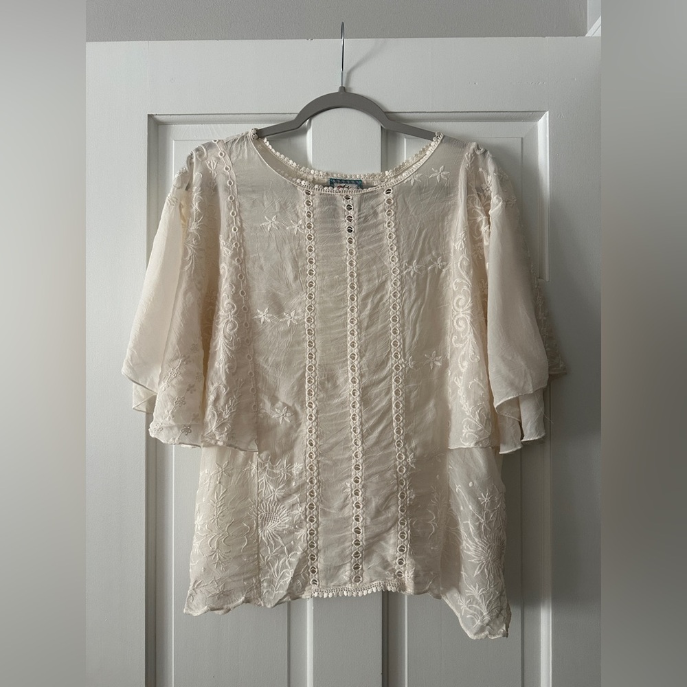 Johnny Was Sunflower Alta Embroidered Flowy Sleeve Boho Blouse Shirt Top